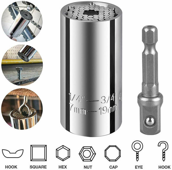 Universal Socket Wrench with Drill Adapter (7-19mm) Multi-Function Best Unique Tool Gift for for your love ones