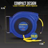 Goodyear Air Hose Reel Retractable 3/8" Inch X 65' Feet Premium Commercial Flex Hybrid Polymer Hose Max 300 Psi Heavy Duty Spring Driven Polypropylene Construction W/ Lead-In Hose and PVC Handle