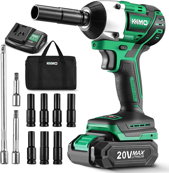 K I M O. 20V Cordless Impact Wrench 1/2 Inch, Brushless High Torque Impact Wrench Kit 250 Ft-Lb 3000 RPM, Li-Ion Battery Fast Charger 7 Sockets 3 Extension Bars, Power Compact Wrench for Car Home