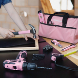 WORKPRO 12V Pink Cordless Drill and Home Tool Kit, 61 Pieces Hand Tool for DIY, Home Maintenance, 14-Inch Storage Bag Included - Pink Ribbon