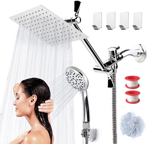 COSYLAND 8'' High Pressure Rainfall Shower Head with Handheld Combo 9 Settings with 11'' Extension Arm 60" Hose, Stainless Steel Bath Showerhead, Height/Angle Adjustable with Holder Pipe Sealant Tape