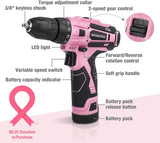 WORKPRO 12V Pink Cordless Drill and Home Tool Kit, 61 Pieces Hand Tool for DIY, Home Maintenance, 14-Inch Storage Bag Included - Pink Ribbon