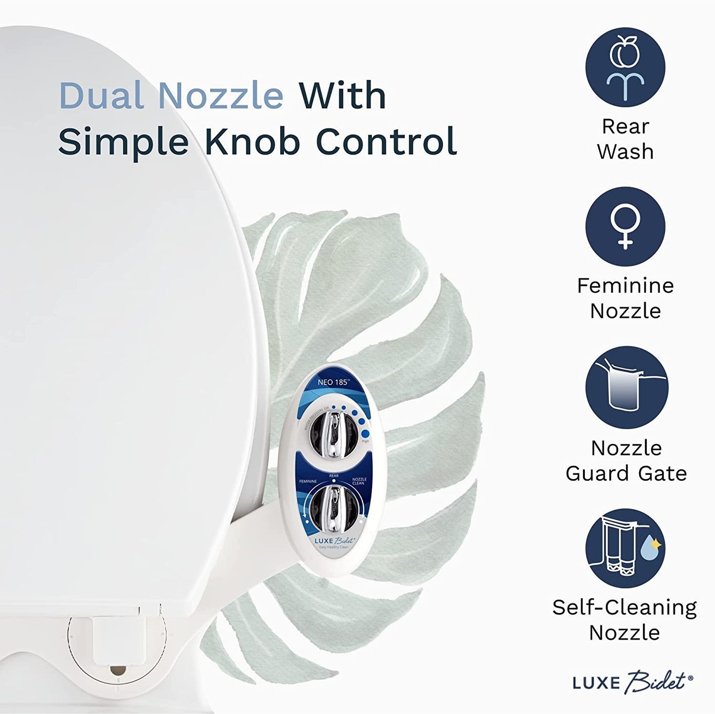 LUXE Bidet Neo 185 (Elite) Non-Electric Bidet Toilet Attachment W/ Self-Cleaning Dual Nozzle and Easy Water Pressure Adjustment for Sanitary and Feminine Wash (Blue and White) 13.5 X 7 X 3 Inches