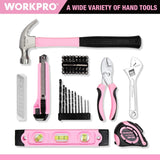 WORKPRO 12V Pink Cordless Drill and Home Tool Kit, 61 Pieces Hand Tool for DIY, Home Maintenance, 14-Inch Storage Bag Included - Pink Ribbon