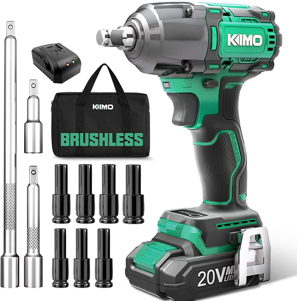 KIMO Cordless Impact Wrench, 20V 1/2 Brushless Impact Wrench Set 300 Ft-Lb High Torque 3000 RPM, Li-Ion Battery Fast Charger 7 Sockets 3 Extension Bars, Compact Electric Battery Wrench for Car Home