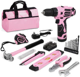 WORKPRO 12V Pink Cordless Drill and Home Tool Kit, 61 Pieces Hand Tool for DIY, Home Maintenance, 14-Inch Storage Bag Included - Pink Ribbon