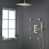 AYIVG Bathroom Thermostatic LED 16 Inch Ceiling Rainfall Shower System with 6 PCS Body Jets Mixer Set Brushed Gold