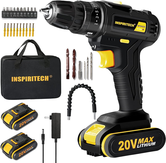 Inspiritech 20V Max Cordless Drill with 2 Batteries and Charger, 3/8