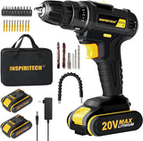 Inspiritech 20V Max Cordless Drill with 2 Batteries and Charger, 3/8" Keyless Chuck Variable Speed Electric Power Drill Driver Set with 25+1 Positions Clutch, Front LED Light and Accessaries