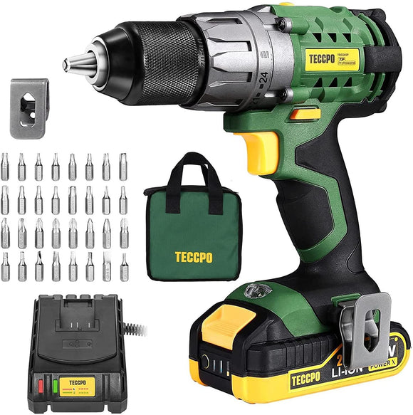 TECCPO Power Drill, Cordless Drill with Battery and Charger(2000Mah), 530 In-Lbs, 24+1 Torque Setting, 0-1700RPM Variable Speed, 33Pcs Accessories Drill Set, Drill with 1/2