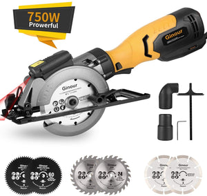 Mini Circular Saw, Ginour 6.2A Small Power Saw with Laser Guide, 6 Blades(2 Pcs 5" & 4 Pcs 4-1/2”), Max Cutting Depth 1-7/8''（90°）, 1-5/16''（45°), Ideal for Wood, Tile, Backerboard, Cement, Drywall