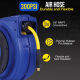 Goodyear Air Hose Reel Retractable 3/8" Inch X 65' Feet Premium Commercial Flex Hybrid Polymer Hose Max 300 Psi Heavy Duty Spring Driven Polypropylene Construction W/ Lead-In Hose and PVC Handle