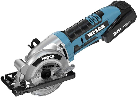 Mini Circular Saw, WESCO 20V 3-3/8'' Cordless Power Saws, with 2.0Ah Battery and Fast Charger, MAX Cutting Depth 1-1/8