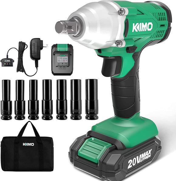 KIMO 20V Cordless Impact Wrench 1/2 Inch, 2000 In-Lbs Torque 3400 IPM, Impact Gun W/ Charger ＆ 2.0Ah Li-Ion Battery, 7 Pcs Sockets,Variable Speed, Compact Electric Impact Wrench Set for Home ＆ Car