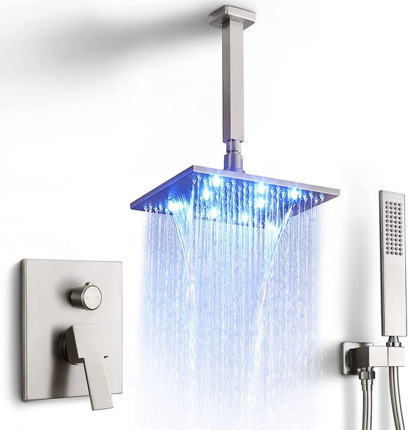 SKOWLL LED Waterfall Shower Set Ceiling Mount 10 Inch Rainfall Shower Head with Lighting Bathroom Shower Faucets Sets with Valve, Brushed Nickel