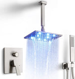 SKOWLL LED Waterfall Shower Set Ceiling Mount 10 Inch Rainfall Shower Head with Lighting Bathroom Shower Faucets Sets with Valve, Brushed Nickel