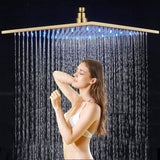 Neierthodore 12 Inches Square Gold Polished LED Rainfall Shower Head Brass Overhead Spray