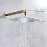 Neierthodore 12 Inches Square Gold Polished LED Rainfall Shower Head Brass Overhead Spray