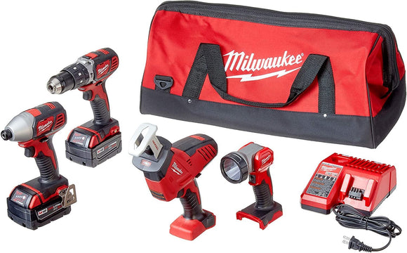 Milwaukee 2695-24 M18 18V Cordless Power Tool Combo Kit with Hammer Drill, Impact Driver, Reciprocating Saw, and Work Light (2 Batteries, Charger, and Tool Case Included)