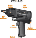 KEMAISI 1/2 Inch Pneumatic Impact Wrench,1100 Ft-Lbs Powerful Torque Output Air Impact Wrench Set,Twin Hammer Car Air Impact Wrench 1/2 Inch , Black