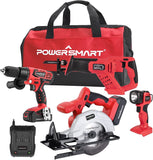 Powersmart 20V Max Power Tool Combo Kits, Cordless Drill Set Compact Driver, Circular Saw, Reciprocating Saw, LED Flashlight, Saw Combo Kits with 2 Lithium-Ion Batteries Included, 4-Tool