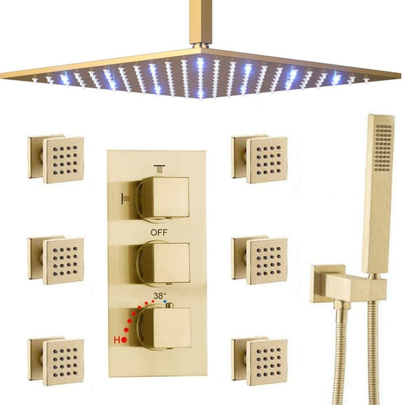 AYIVG Bathroom Thermostatic LED 16 Inch Ceiling Rainfall Shower System with 6 PCS Body Jets Mixer Set Brushed Gold