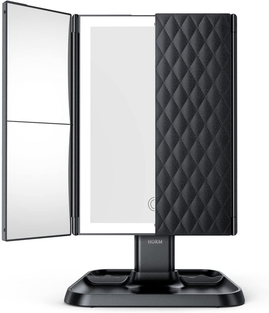 Makeup Mirror Vanity Mirror with Lights - 3 Color Lighting Modes 72 LED Trifold Mirror, Touch Control Design, 1X/2X/3X Magnification, Portable High Definition Cosmetic Lighted up Mirror (Black)