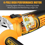 WORKSITE Cordless Angle Grinder, 4-Pole Motor, 4-1/2 Inch Cordless Grinder W/4.0A Battery & Fast Charger, 3-Position Adjustable Auxiliary Handle, Cutting Wheels, Grinding Wheels and Flap Discs