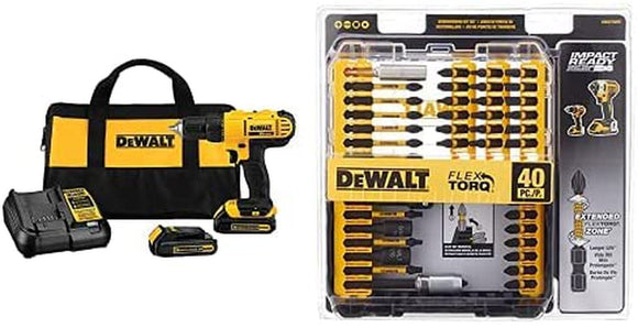 Dewalt DCD771C2 20V MAX Cordless Lithium-Ion 1/2 Inch Compact Drill Driver Kit with IMPACT READY Flextorq Screw Driving Set, 40-Piece