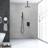 Bathfinesse Ceiling Mount Shower Faucets Sets Complete 12 Inch Square Ceiling Rainfall Shower Head System with Handheld Set for Bathroom High Pressure Balance Rough-In Valve and Trim Kit Include