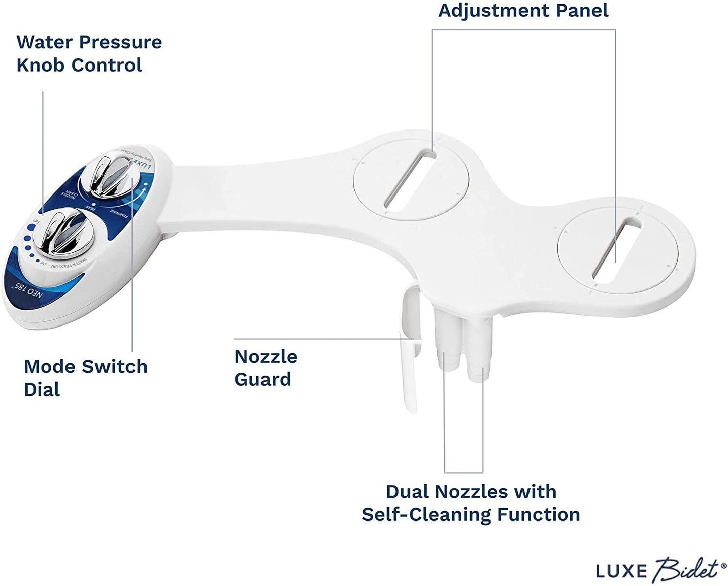 LUXE Bidet Neo 185 (Elite) Non-Electric Bidet Toilet Attachment W/ Self-Cleaning Dual Nozzle and Easy Water Pressure Adjustment for Sanitary and Feminine Wash (Blue and White) 13.5 X 7 X 3 Inches