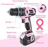 WORKPRO Pink Cordless 20V Lithium-Ion Drill Driver Set, 1 Battery, Charger and Storage Bag Included - Pink Ribbon