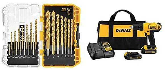 DEWALT 20V Max Cordless Drill / Driver Kit, Compact, 1/2-Inch with Titanium Drill Bit Set, Pilot Point, 21-Piece (DCD771C2 & DW1361)