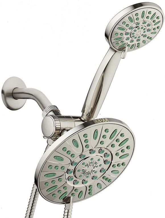 Aquadance Antimicrobial/Anti-Clog High-Pressure 30-Setting Rainfall Shower Combo, Microban Nozzle Protection from Growth of Mold, Mildew & Bacteria, Brushed Nickel Finish/Coral Green Jets