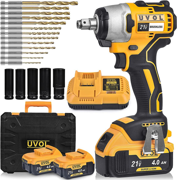 UVOL Cordless Impact Wrench with Toolbox, 1/2 Inch Chuck, Brushless Motor Battery Power Drill/Driver with 5 Sockets & 13 Driver Bits, Power Impact Wrench with 2 Batteries & Charger, 21V/4.0Ah (BX8501)