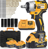 UVOL Cordless Impact Wrench with Toolbox, 1/2 Inch Chuck, Brushless Motor Battery Power Drill/Driver with 5 Sockets & 13 Driver Bits, Power Impact Wrench with 2 Batteries & Charger, 21V/4.0Ah (BX8501)