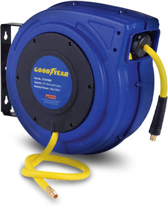 Goodyear Air Hose Reel Retractable 3/8" Inch X 65' Feet Premium Commercial Flex Hybrid Polymer Hose Max 300 Psi Heavy Duty Spring Driven Polypropylene Construction W/ Lead-In Hose and PVC Handle