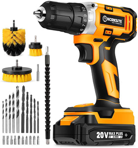 WORKSITE Cordless Drill/Driver Kit, 20V MAX 3/8" Compact Drill Set with 2.0A Battery, Charger & Cleaning Brushes, 309 In-Lbs Max Torque, 26Pcs Accessories for Drilling Wood Metal