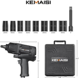 KEMAISI 1/2 Inch Pneumatic Impact Wrench,1100 Ft-Lbs Powerful Torque Output Air Impact Wrench Set,Twin Hammer Car Air Impact Wrench 1/2 Inch , Black