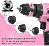 WORKPRO 12V Pink Cordless Drill and Home Tool Kit, 61 Pieces Hand Tool for DIY, Home Maintenance, 14-Inch Storage Bag Included - Pink Ribbon